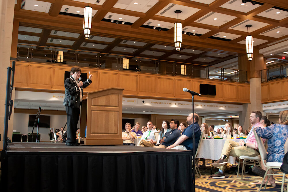 Sr. Helen address members of the ACE community in the Dahnke Ballroom on the 7th floor of the Duncan Student Center.
