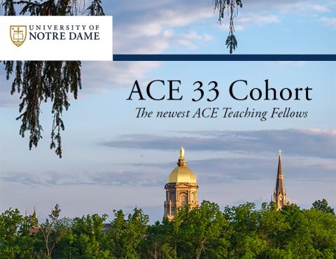 Skyline of the University of Notre Dame's Golden Dome at sunrise, visible above trees