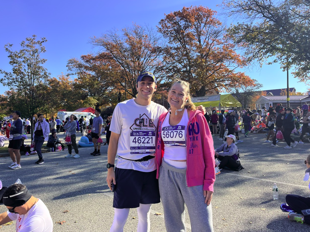Jack Hutter (left) and Kate Chiappetta (right) outside ready to run the 2025 NYC Marathon