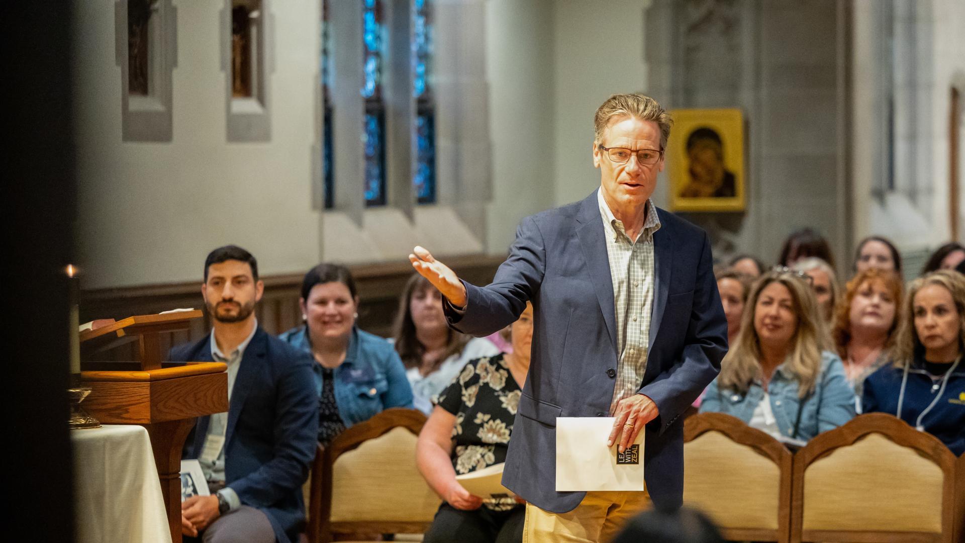 Kevin Baxter speaking to Remick Leaders in Dillon Hall Chapel